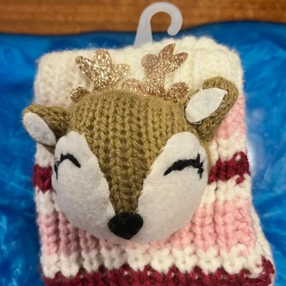 Olive & Edie Size S/M Girls Reindeer Pink Stripe Knit Grip Mittens Gloves NWT